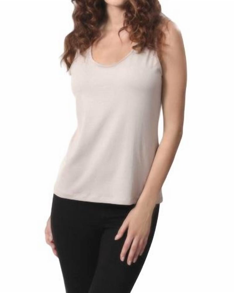 Front of a model wearing a size LG Bra-Friendly Tank Top in Sand in Sand by ANGEL. | dia_product_style_image_id:325815